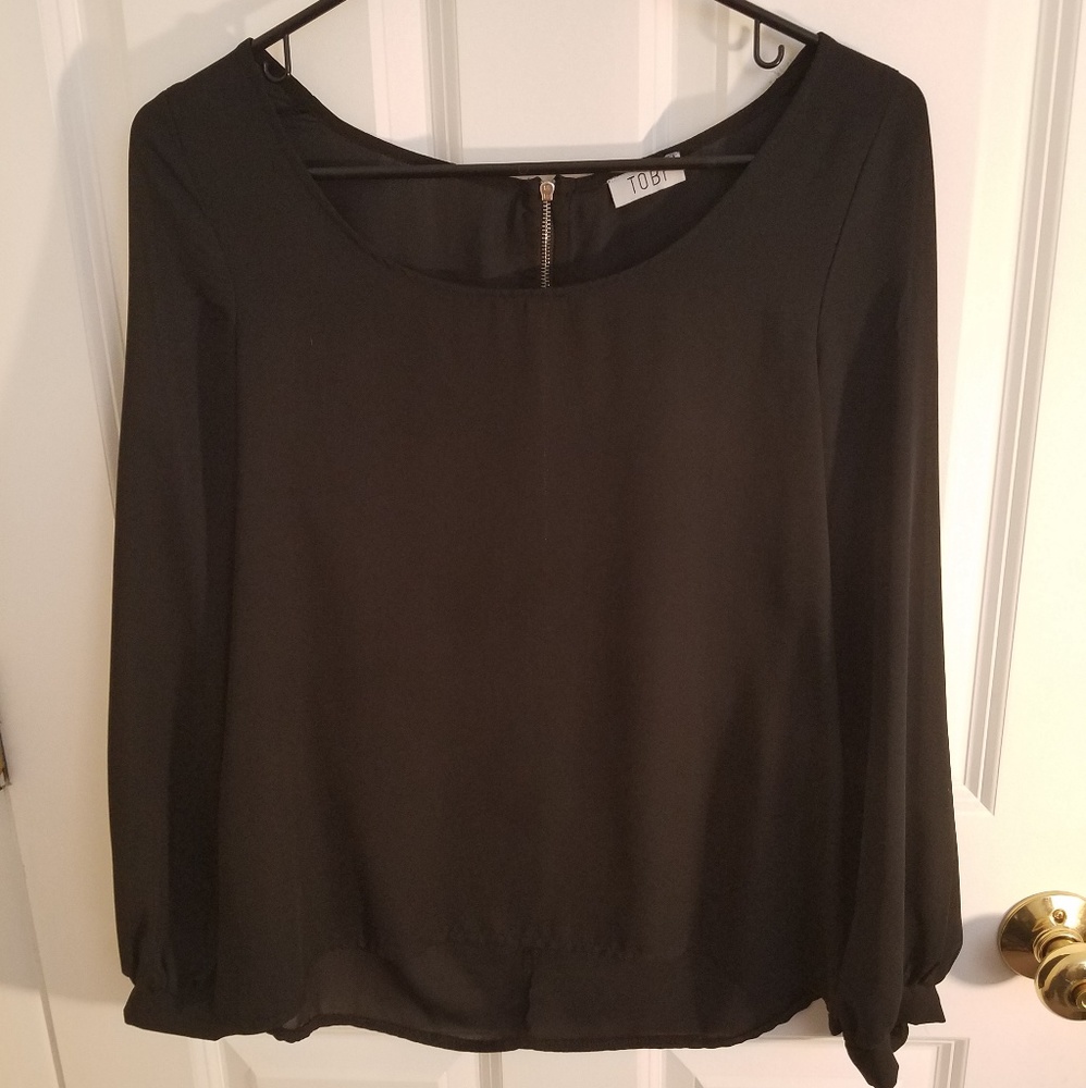 Silky Black Tobi Blouse with Zipper Detail